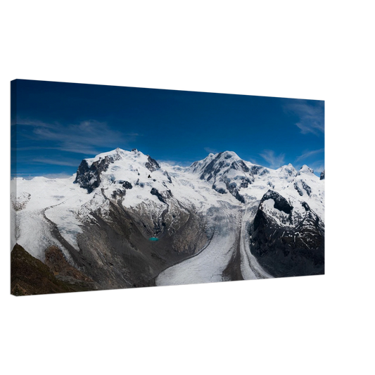 Swiss Alps glacier panoramic canvas print with alpine ice and blue lake