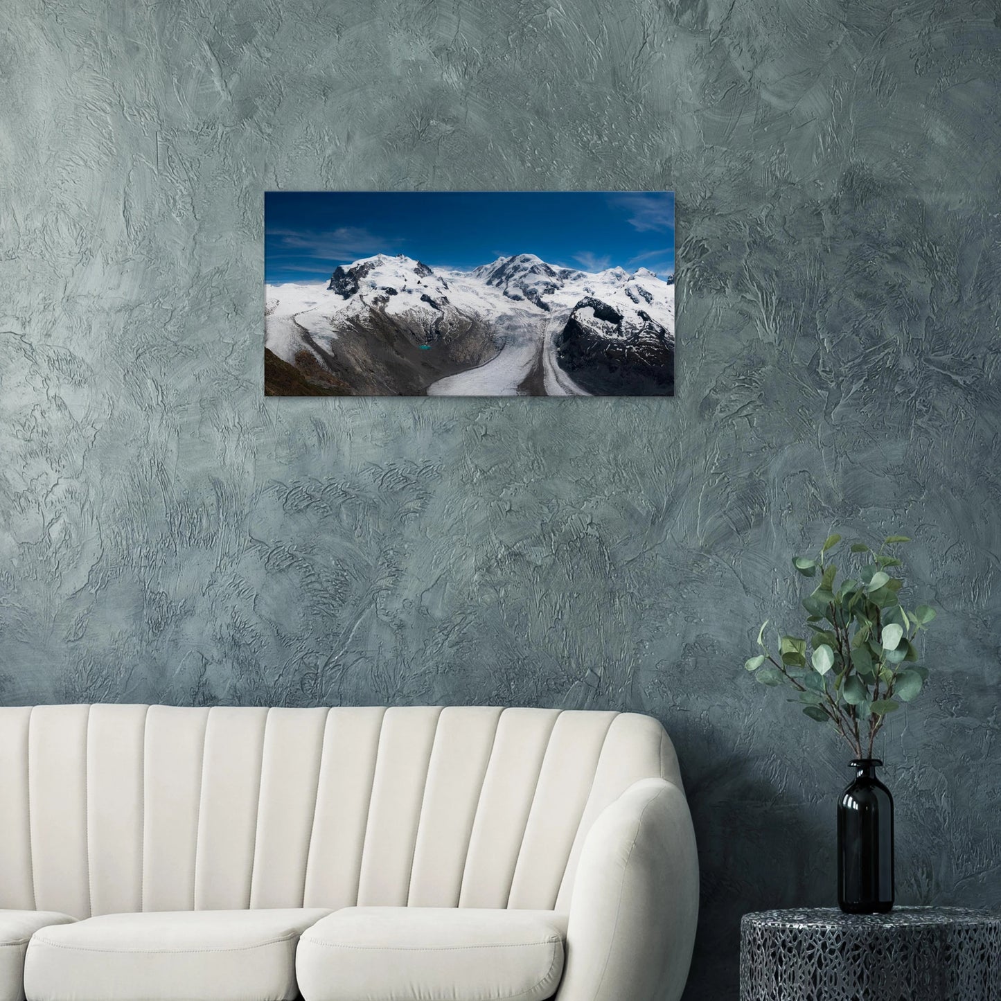 Swiss Alps glacier panoramic canvas print with alpine ice and blue lake