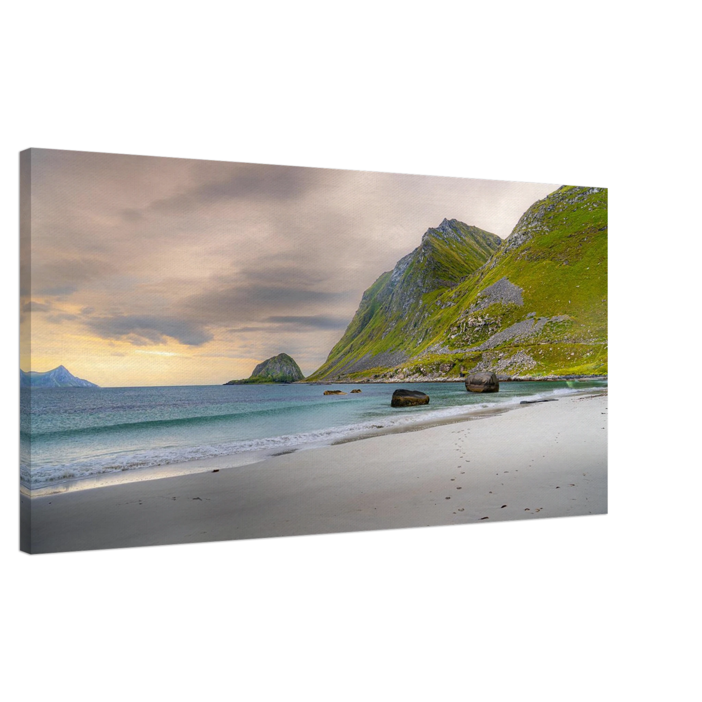 Haukland Beach Norway panoramic mountain and ocean canvas print Lofoten Islands