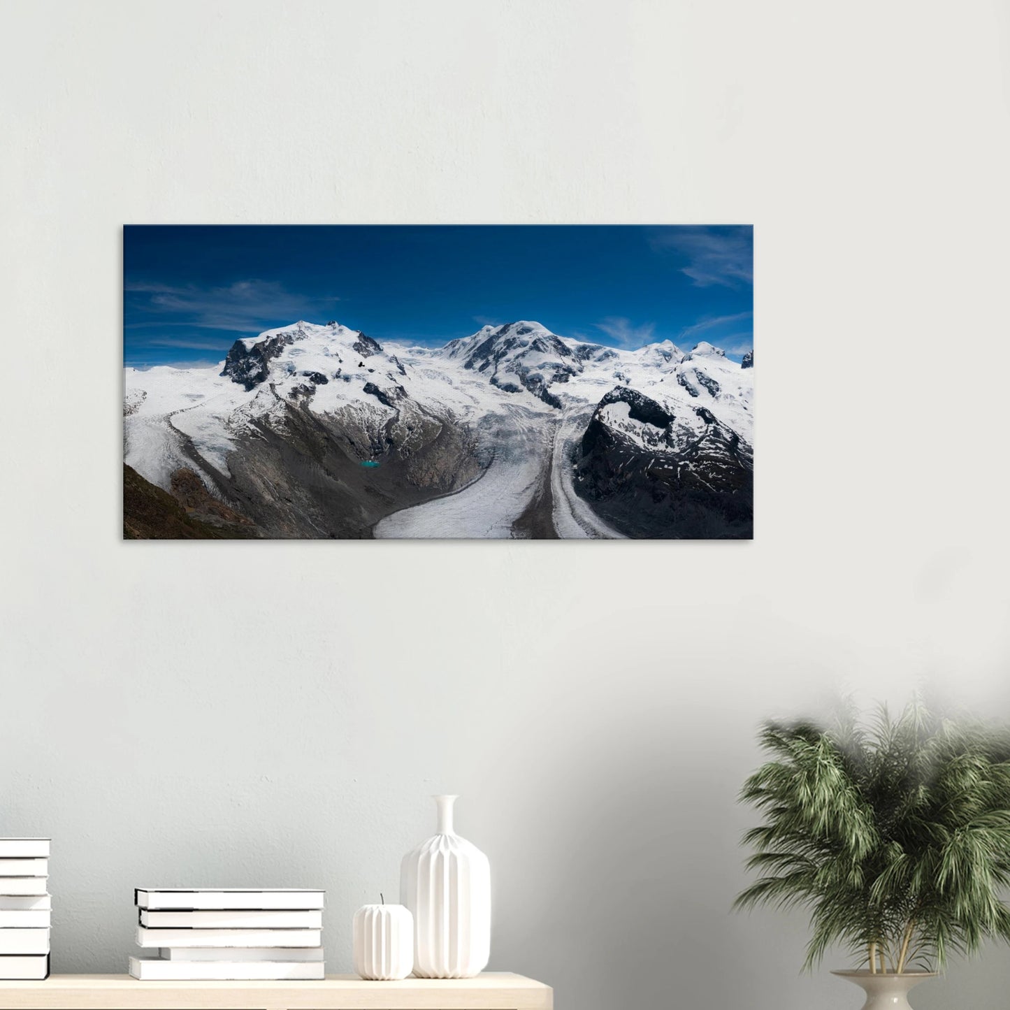 Swiss Alps glacier panoramic canvas print with alpine ice and blue lake