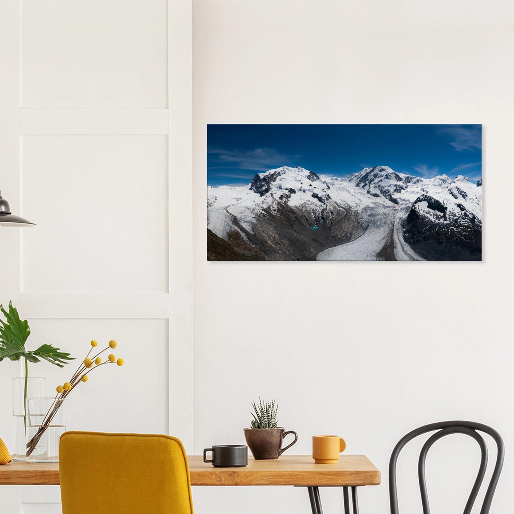 Swiss Alps glacier panoramic canvas print with alpine ice and blue lake