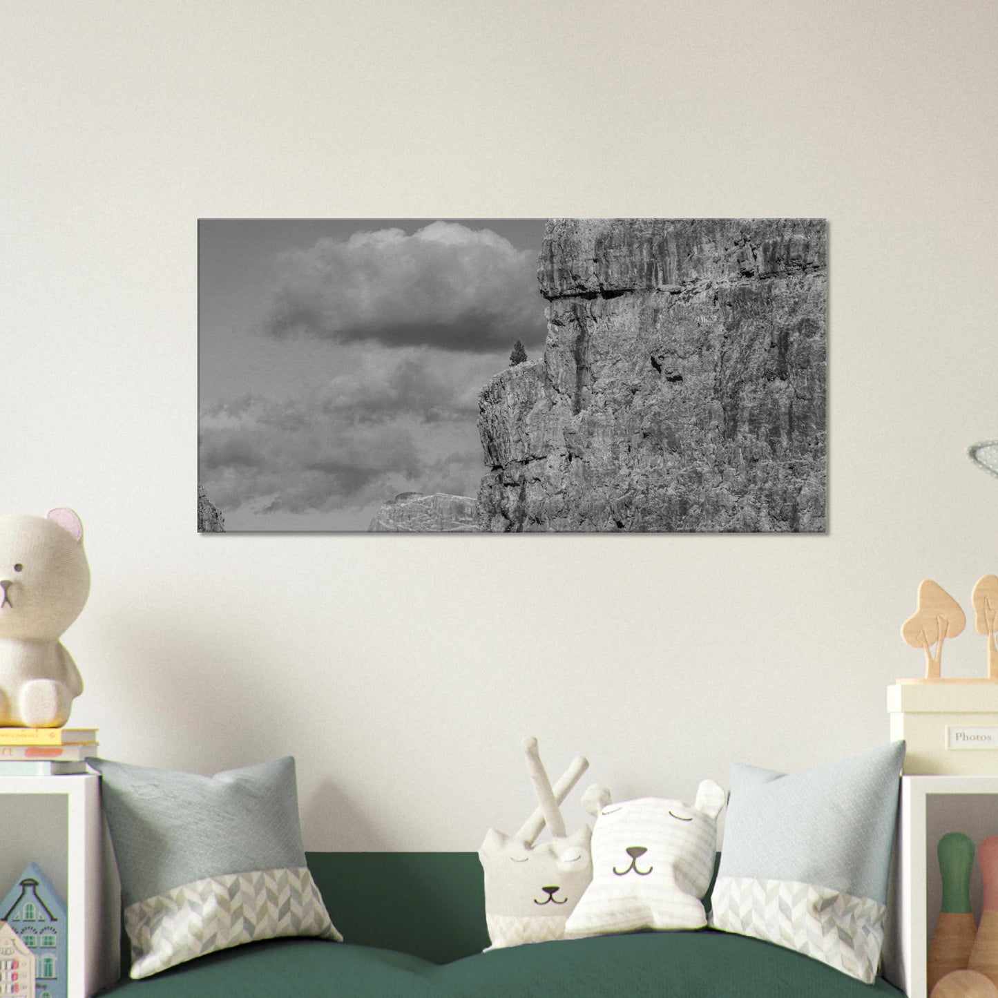 Lonely tree on Dolomite cliff black and white canvas print