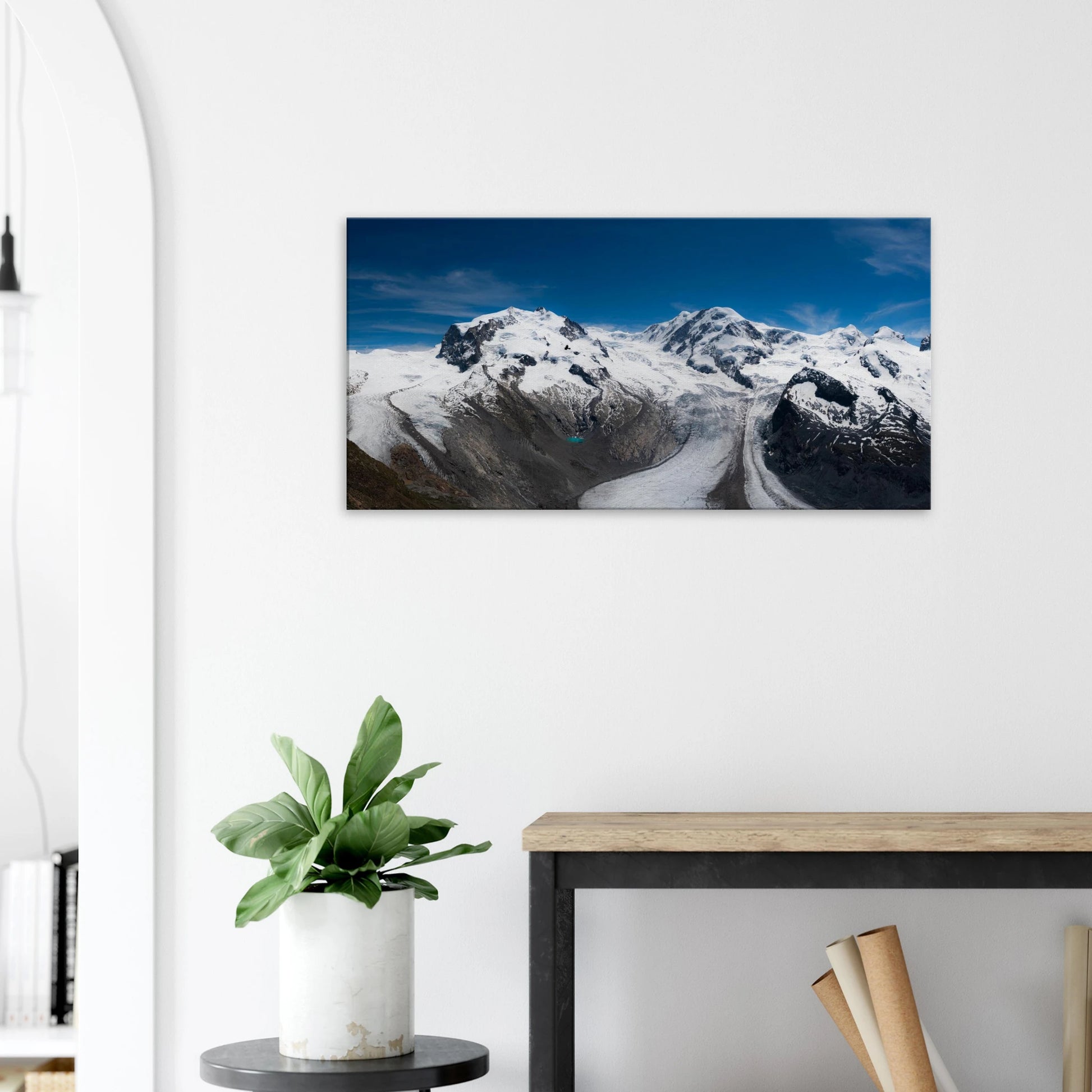 Swiss Alps glacier panoramic canvas print with alpine ice and blue lake