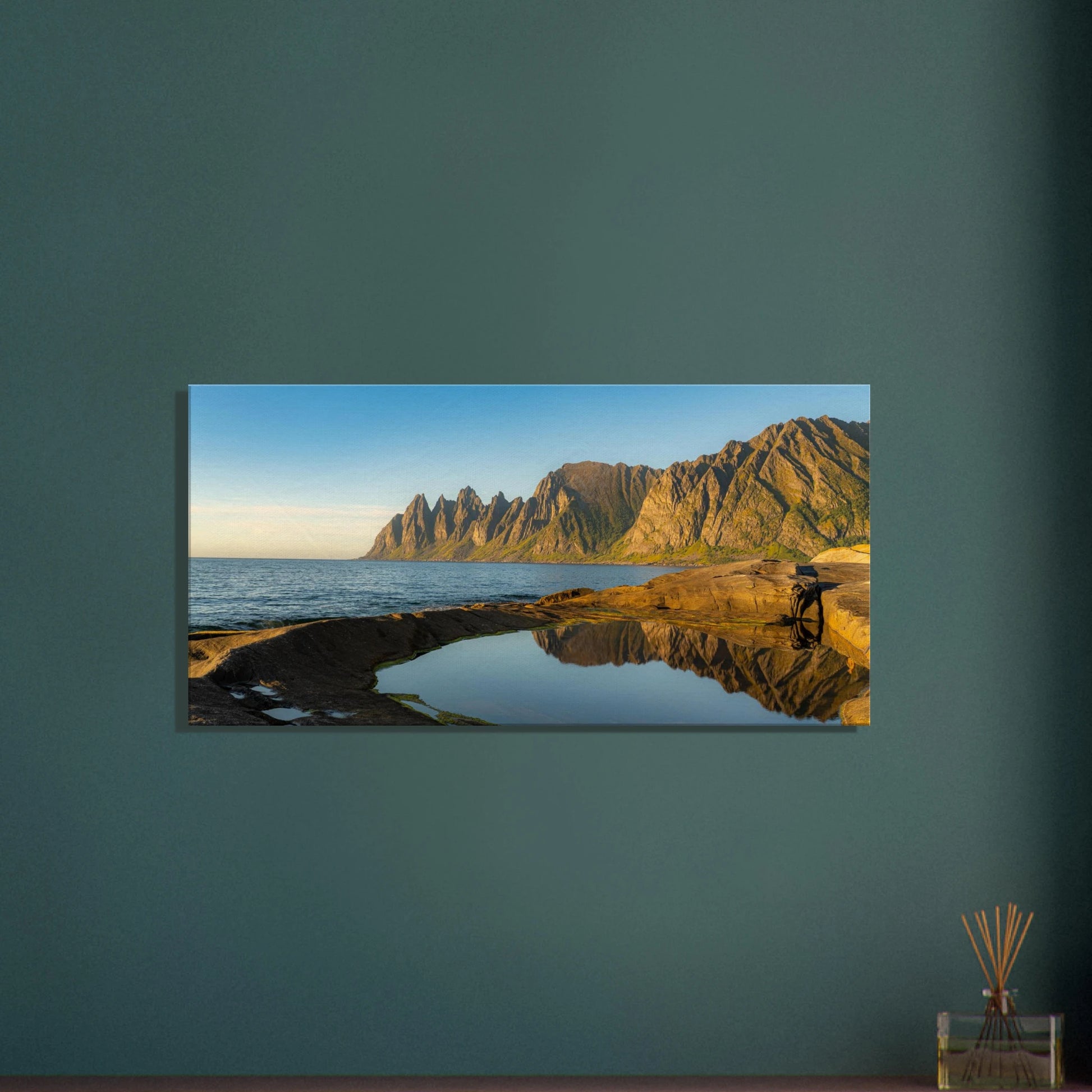 Oksenhornane reflection Senja Norway fjord canvas print