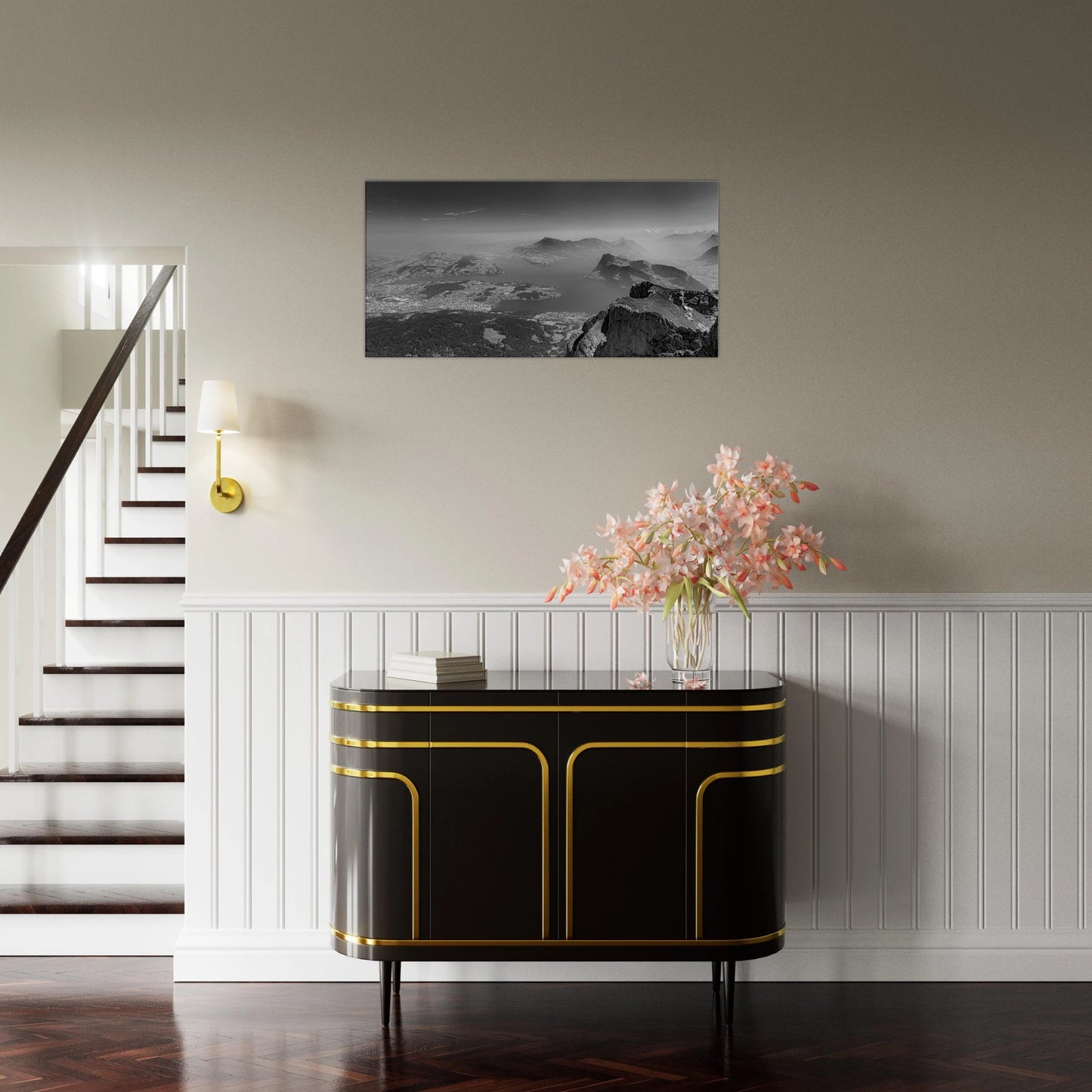 Lake Lucerne black and white panoramic canvas print Swiss Alps
