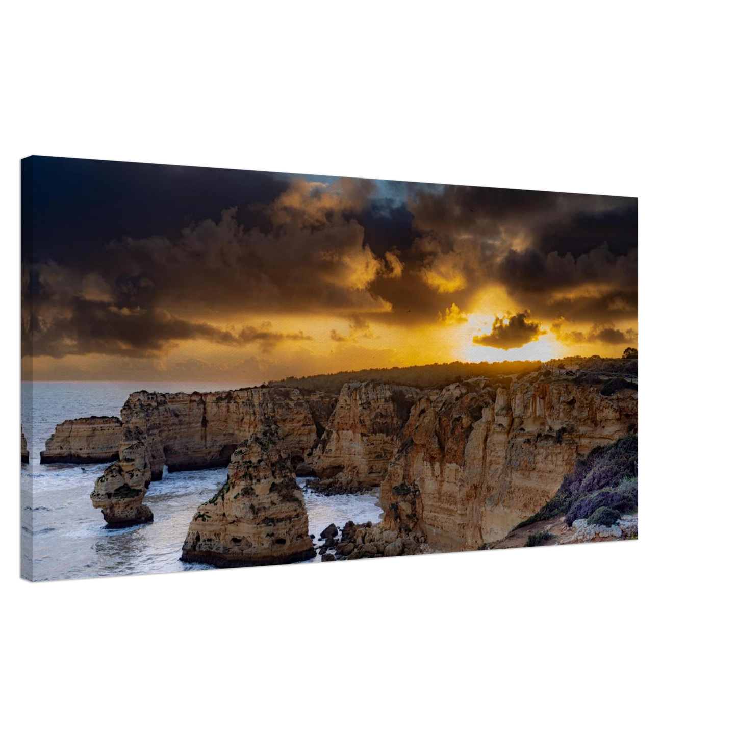 Sunset over Praia da Marinha Algarve cliff panoramic canvas print Portugal