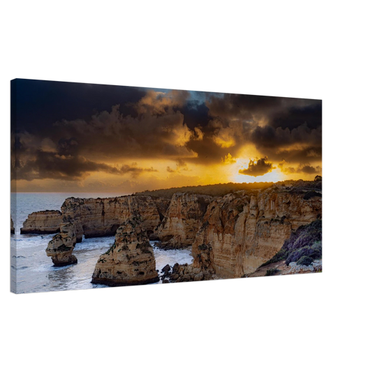 Sunset over Praia da Marinha Algarve cliff panoramic canvas print Portugal