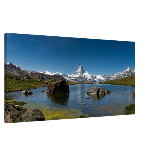 Matterhorn reflection at Riffelsee Lake panoramic canvas print Switzerland